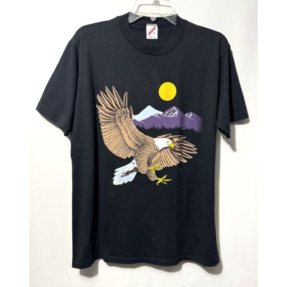 Vintage Wildlife T-Shirt 80s Bald Eagle Mountain Nature Full Moon USA Jerzees